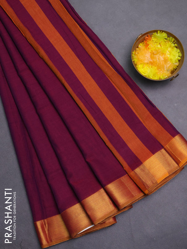 Narayanpet cotton saree purple and mustard yellow with plain body and zari woven border