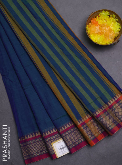 Narayanpet cotton saree dual shade of bluish green and pink with plain body and thread woven border