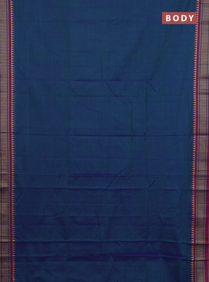 Narayanpet cotton saree dual shade of bluish green and pink with plain body and thread woven border