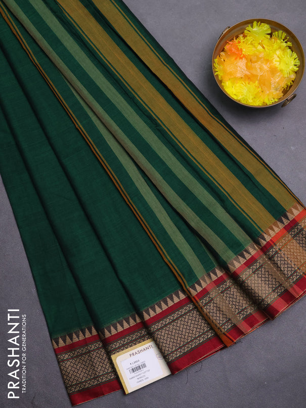 Narayanpet cotton saree bottle green and maroon with plain body and thread woven border