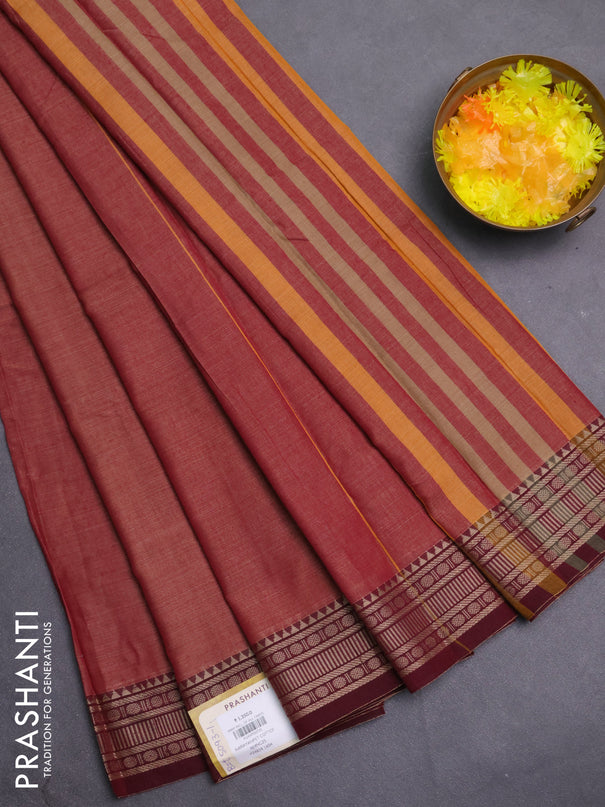 Narayanpet cotton saree rust shade and maroon with plain body and thread woven border