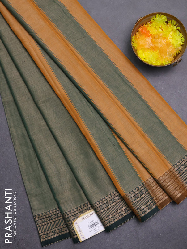 Narayanpet cotton saree greenish beige and bottle green with plain body and thread woven border