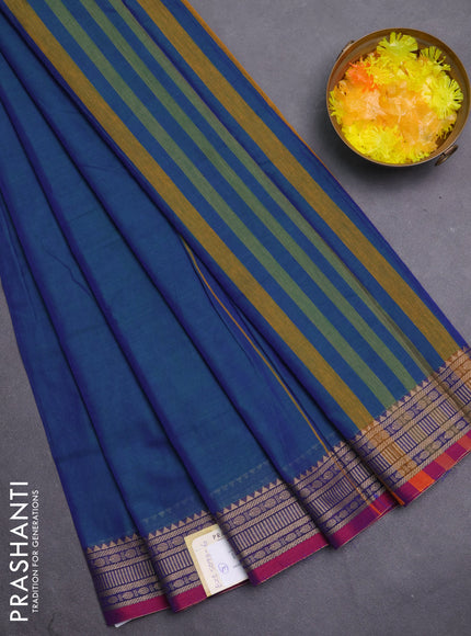 Narayanpet cotton saree dual shade of blueish green and pink with plain body and thread woven border