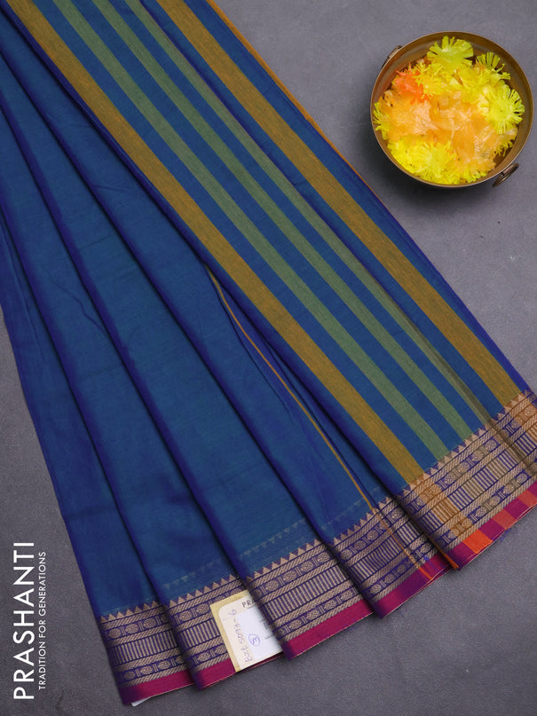Narayanpet cotton saree dual shade of blueish green and pink with plain body and thread woven border