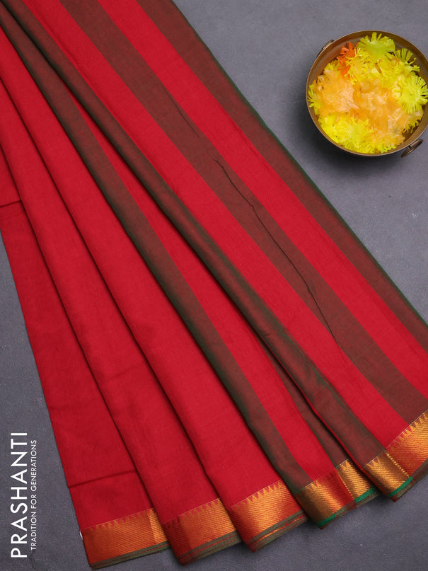 Narayanpet cotton saree red and green with plain body with zari woven border