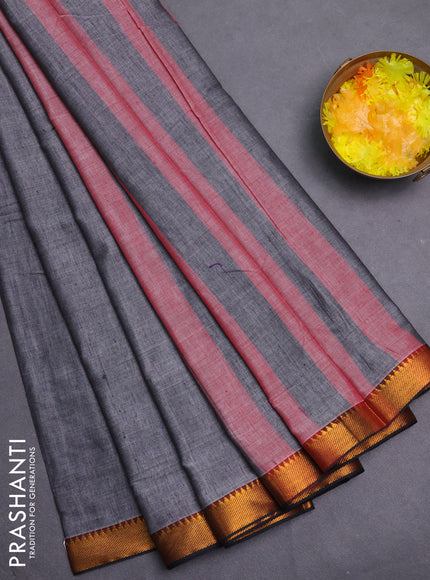 Narayanpet cotton saree grey and black with plain body with zari woven border