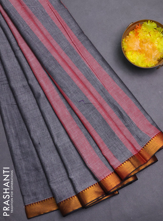 Narayanpet cotton saree grey and black with plain body with zari woven border