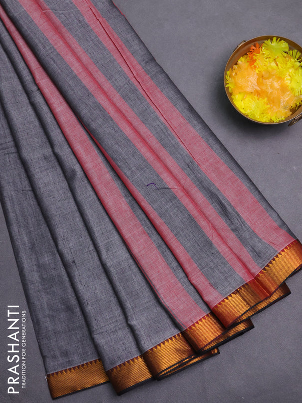 Narayanpet cotton saree grey and black with plain body with zari woven border