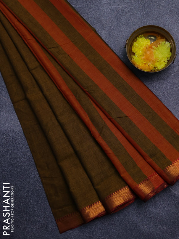 Narayanpet cotton saree dark mustard and rust shade with plain body with zari woven border