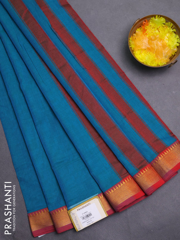 Narayanpet cotton saree teal blue and rust shade with plain body with zari woven border