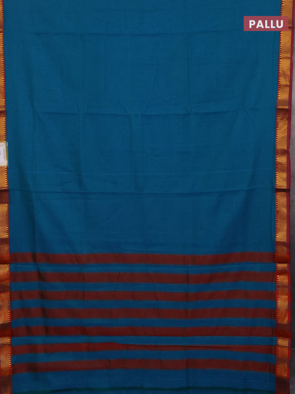 Narayanpet cotton saree teal blue and rust shade with plain body with zari woven border