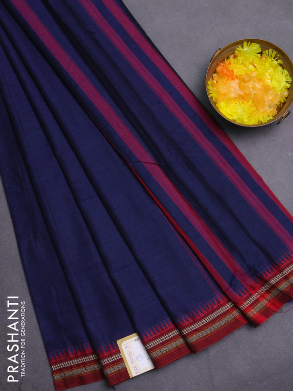 Narayanpet cotton saree navy blue and maroon with plain body and thread woven border