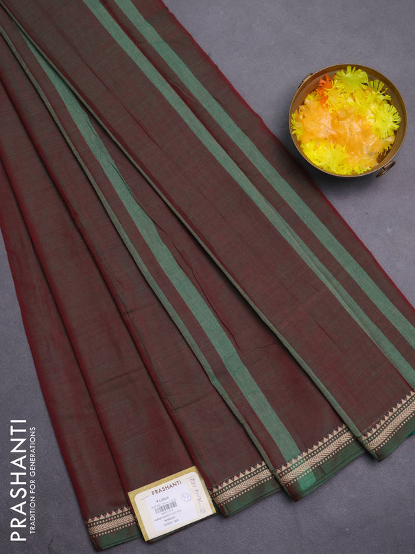 Narayanpet cotton saree dual shade of greenish red with plain body and thread woven border