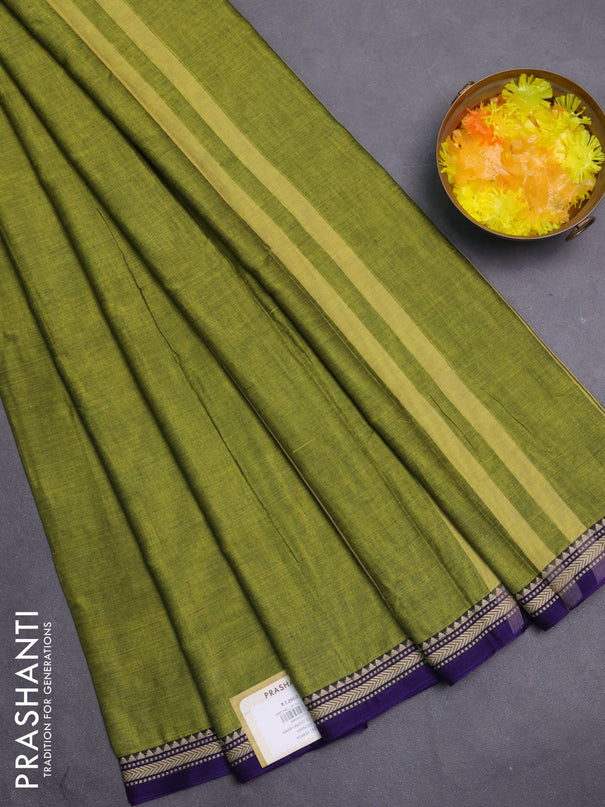 Narayanpet cotton saree light green and violet with plain body and thread woven border