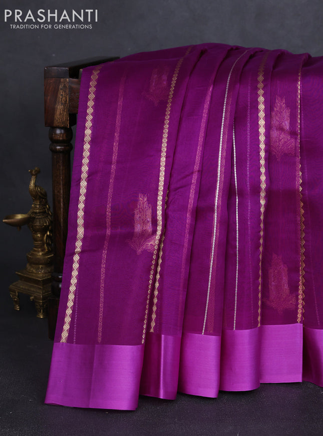 Banarasi organza silk saree purple and lavender with allover zari stripes pattern and zari woven butta border