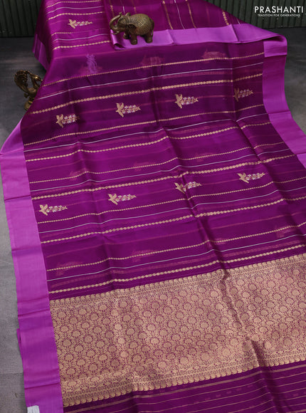 Banarasi organza silk saree purple and lavender with allover zari stripes pattern and zari woven butta border