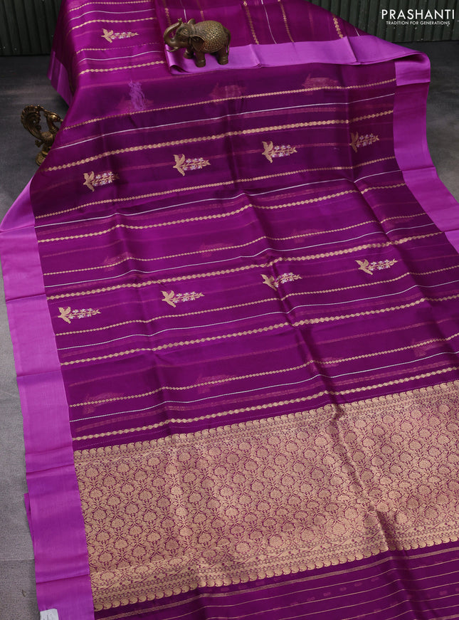 Banarasi organza silk saree purple and lavender with allover zari stripes pattern and zari woven butta border