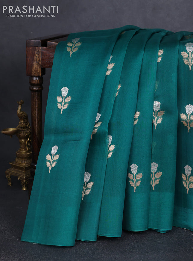 Banarasi organza silk saree teal green with allover zari woven buttas and zari woven simple border