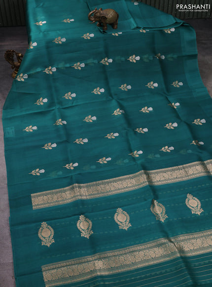 Banarasi organza silk saree teal green with allover zari woven buttas and zari woven simple border