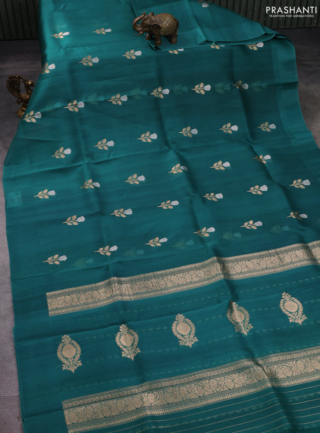 Banarasi organza silk saree teal green with allover zari woven buttas and zari woven simple border