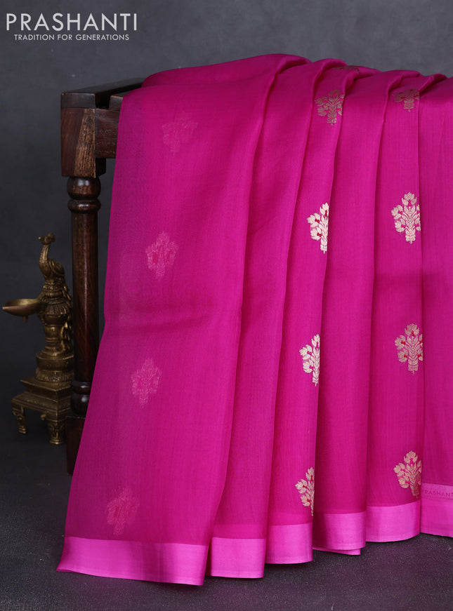 Banarasi organza silk saree magenta pink with allover zari woven buttas and zari woven simple border