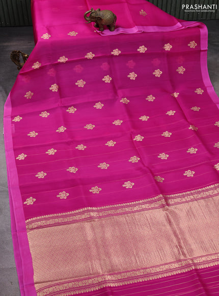 Banarasi organza silk saree magenta pink with allover zari woven buttas and zari woven simple border
