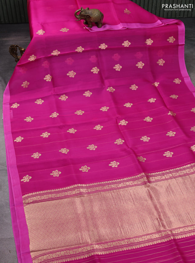 Banarasi organza silk saree magenta pink with allover zari woven buttas and zari woven simple border