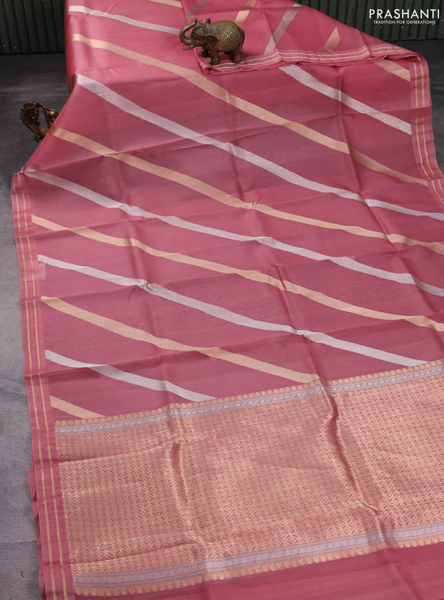 Banarasi organza silk saree pastel pink with allover silver & gold zari weaves and zari woven border
