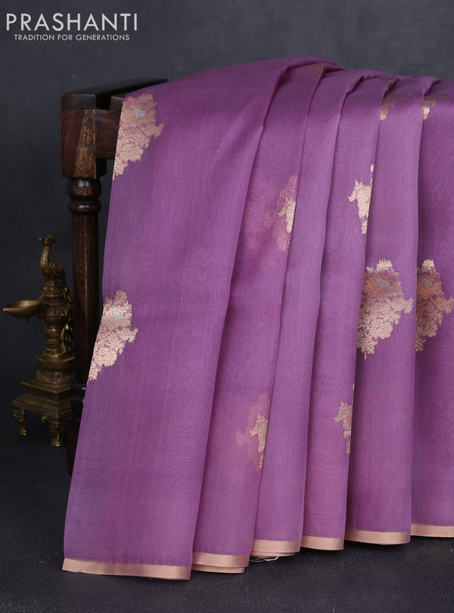 Banarasi organza silk saree pastel purple with zari woven buttas and zari woven border