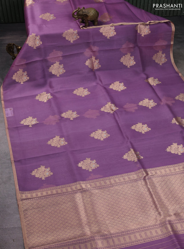 Banarasi organza silk saree pastel purple with zari woven buttas and zari woven border