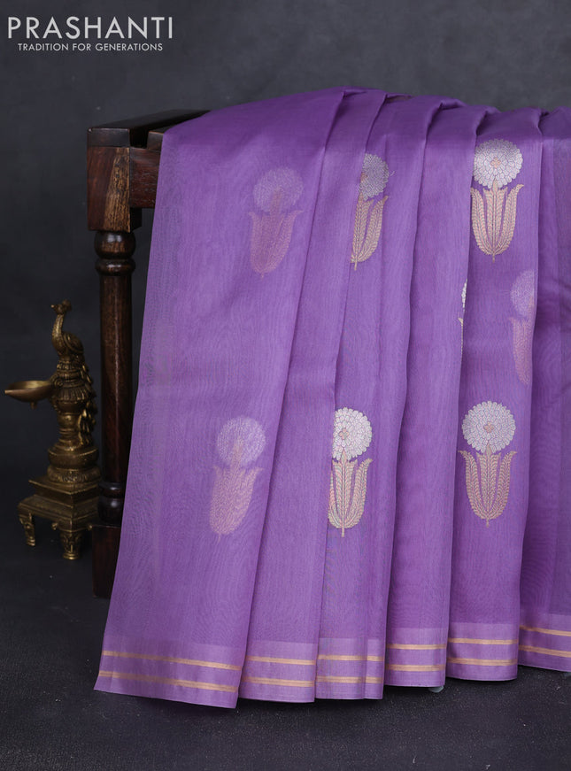 Banarasi organza silk saree lavender with floral zari woven buttas and zari woven border