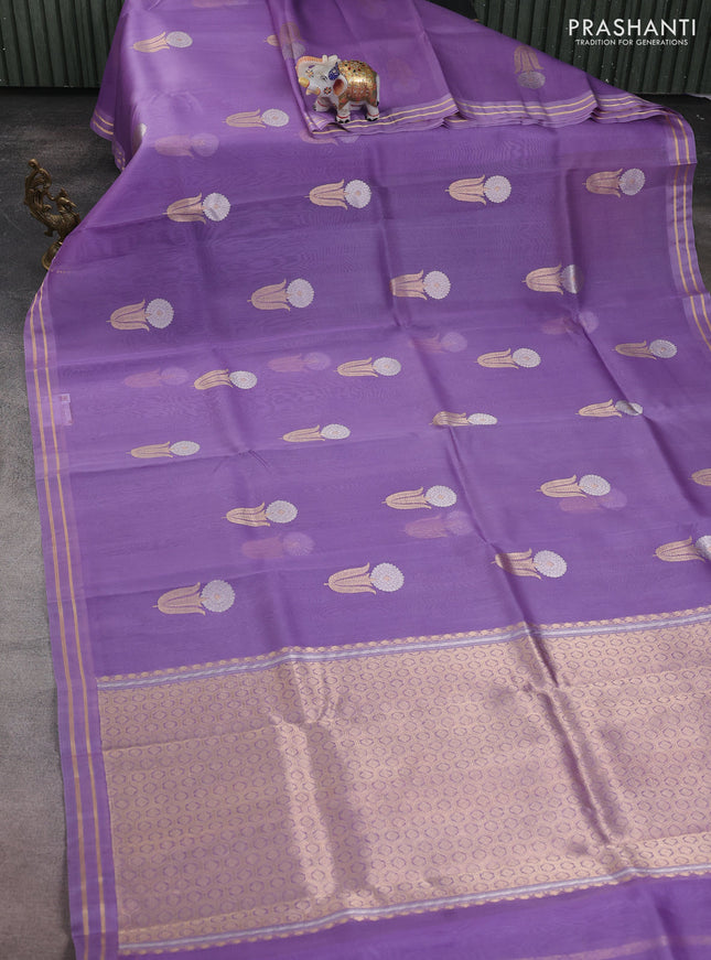 Banarasi organza silk saree lavender with floral zari woven buttas and zari woven border