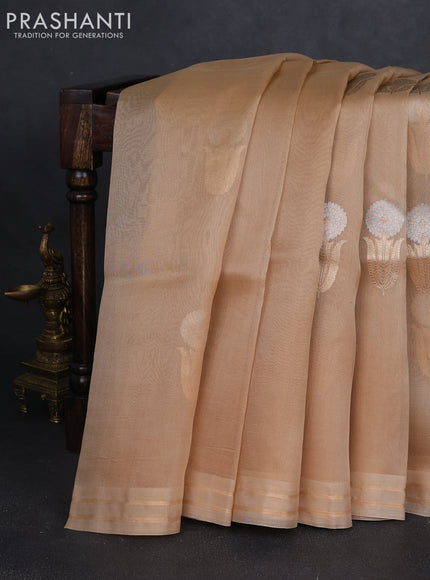 Banarasi organza silk saree sandal with floral zari woven buttas and zari woven border