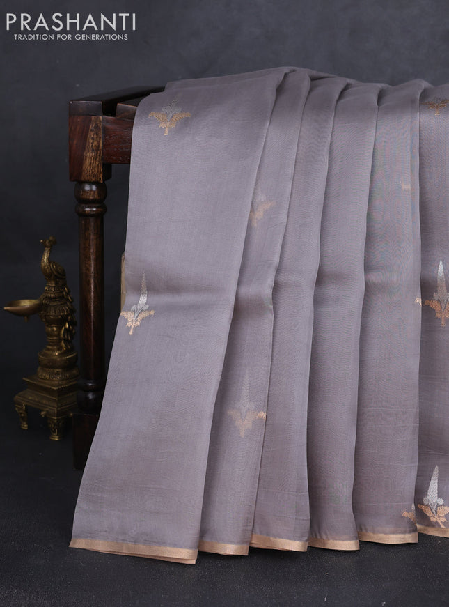 Banarasi organza silk saree grey with zari woven buttas and zari woven border