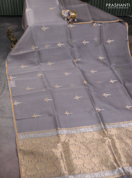Banarasi organza silk saree grey with zari woven buttas and zari woven border