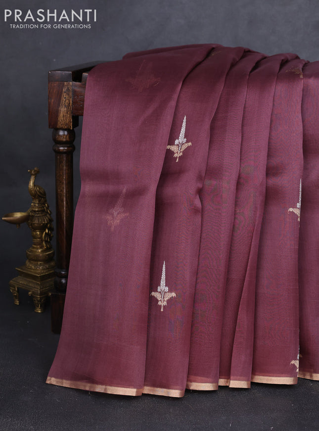 Banarasi organza silk saree pastel maroon with zari woven buttas and zari woven border