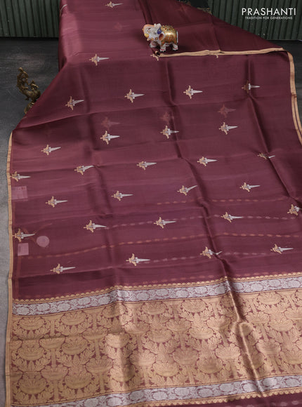 Banarasi organza silk saree pastel maroon with zari woven buttas and zari woven border