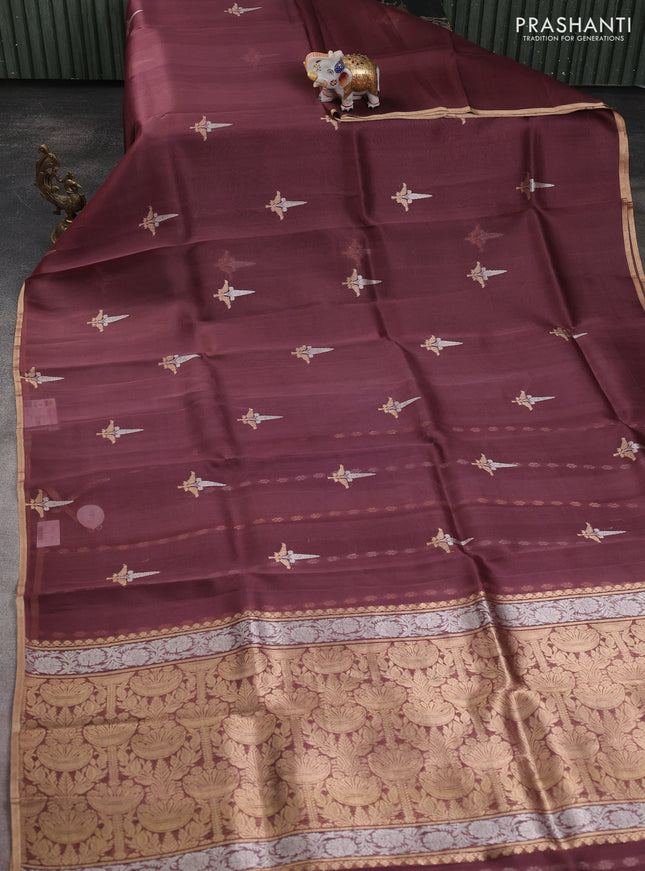 Banarasi organza silk saree pastel maroon with zari woven buttas and zari woven border