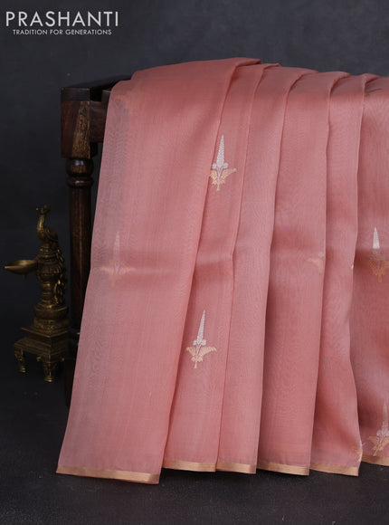 Banarasi organza silk saree pastel peach with zari woven buttas and zari woven border