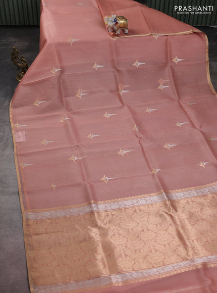 Banarasi organza silk saree pastel peach with zari woven buttas and zari woven border