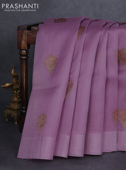 Banarasi organza silk saree pastel purple with allover thread & zari woven buttas and simple border