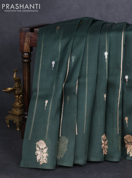 Banarasi organza silk saree greyish green with allover zari stripes pattern & buttas and piping border
