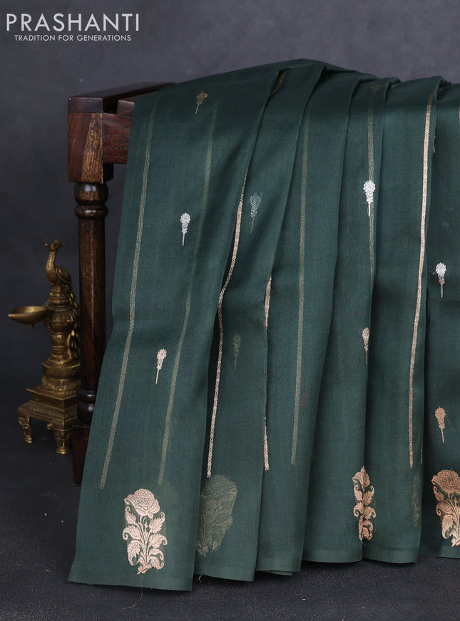 Banarasi organza silk saree greyish green with allover zari stripes pattern & buttas and piping border