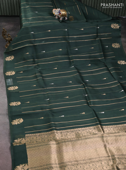 Banarasi organza silk saree greyish green with allover zari stripes pattern & buttas and piping border