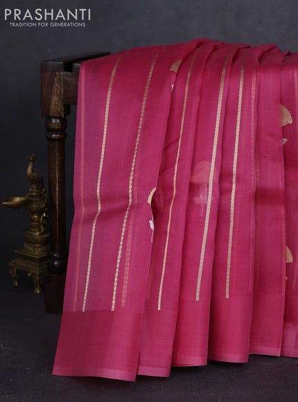 Banarasi organza silk saree peach pink with allover zari stripes pattern & buttas and simple border