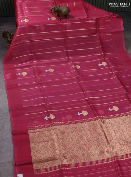 Banarasi organza silk saree peach pink with allover zari stripes pattern & buttas and simple border