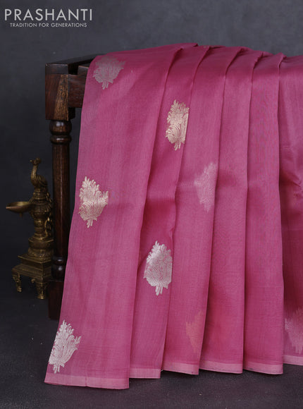 Banarasi organza silk saree peach pink with zari woven buttas and piping border