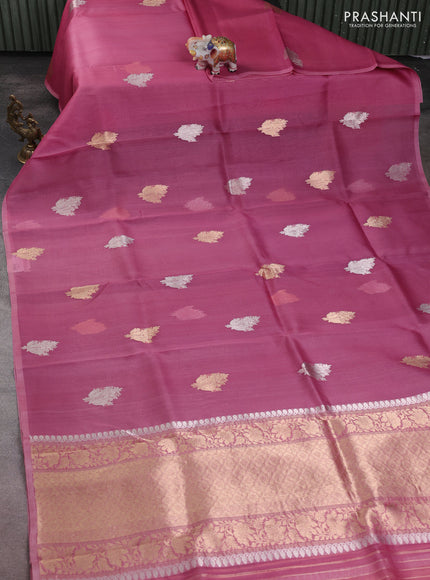 Banarasi organza silk saree peach pink with zari woven buttas and piping border