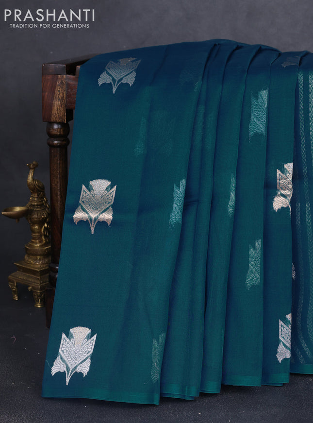 Banarasi organza silk saree peacock blue with zari woven buttas and piping border