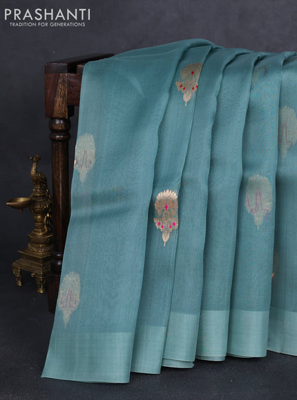 Banarasi organza silk saree pastel grey with zari woven buttas and simple border